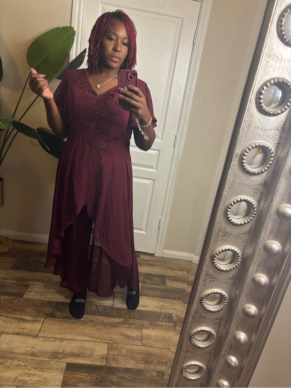New Look Burgundy Lace-Detail High-Low Top with pants set